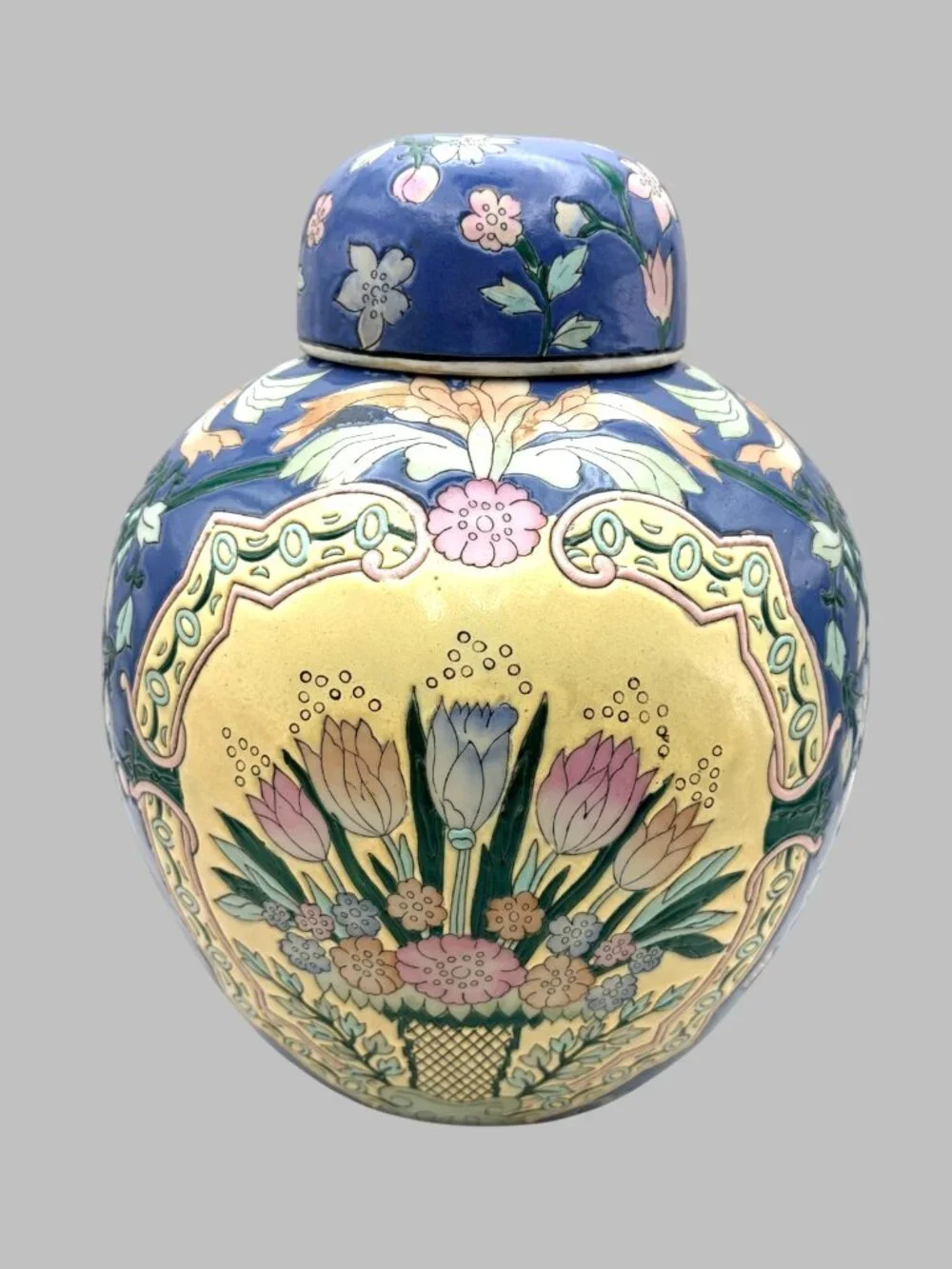 VTG Blue Floral Ginger Jar Urn w/Lid Hand Painted Macau Vase 10
